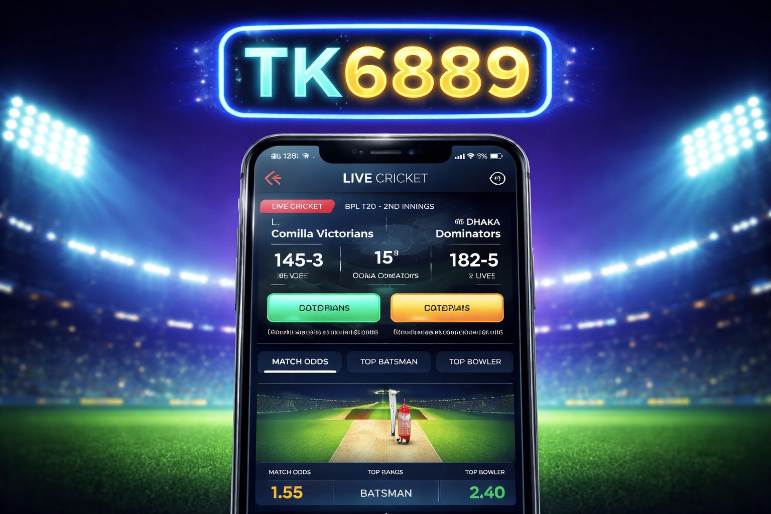 TK6889 sports betting — live cricket odds displayed on mobile
