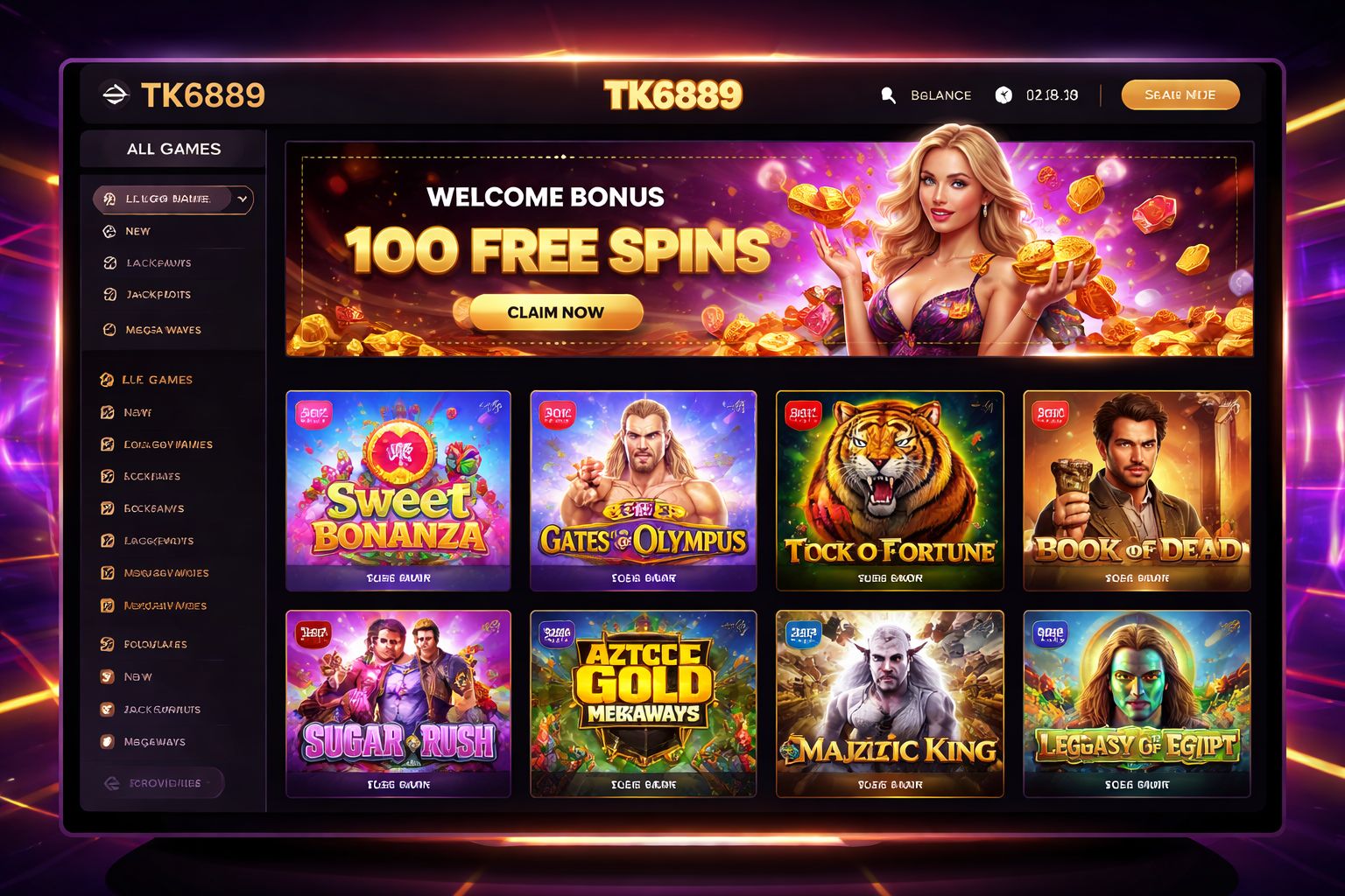 TK6889 slot game lobby with popular titles displayed